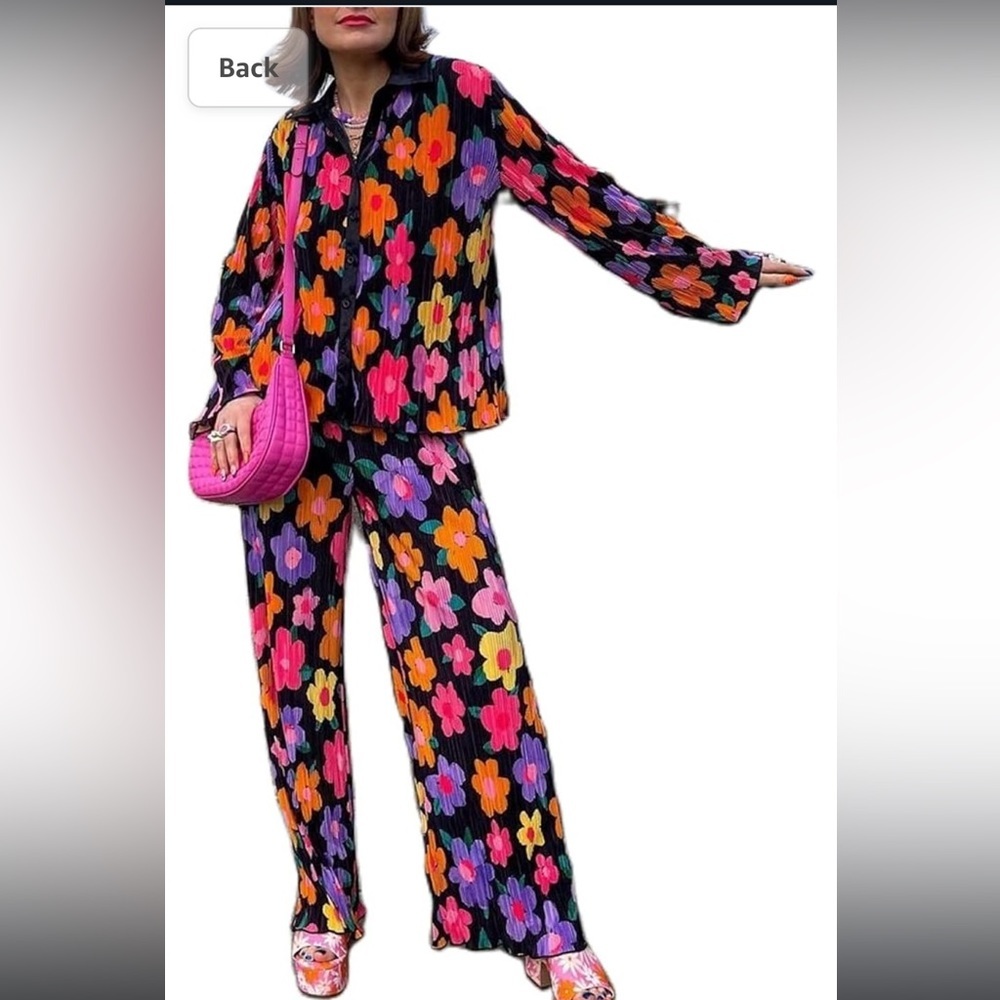 Women 2 Piece Floral set - Button Down Long Sleeve Shirt+Wide Leg Pants - Picture 6 of 7
